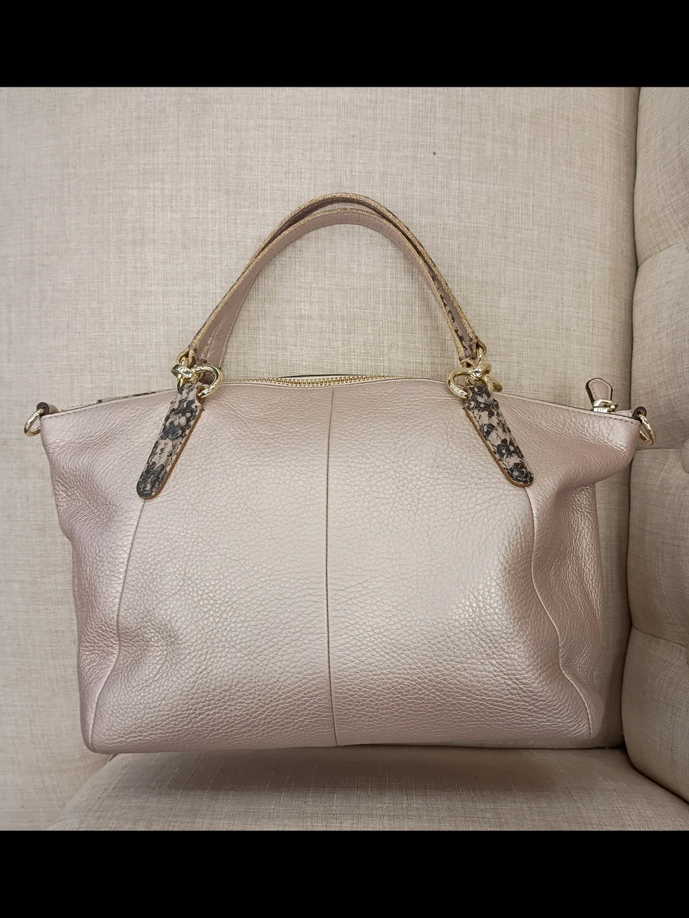Coach Metallic Pink Leather Tote with Snake-Print Accents
